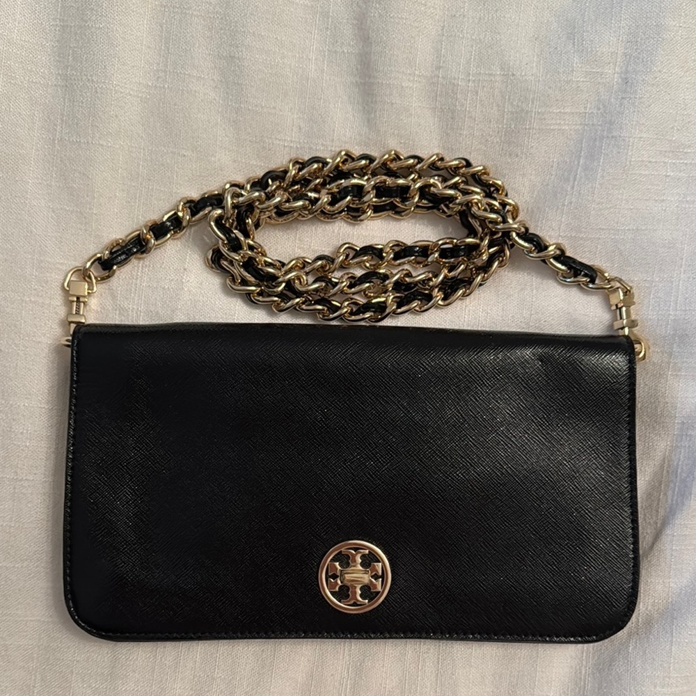 Tory Burch Black and Gold Leather Wristlet with Chain Strap